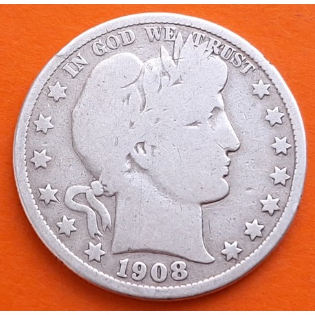 ESTADOS UNIDOS 1/2 DOLAR 1908 P BARBER MONEDA DE PLATA @RARA@ USA Half Dollar silver R/2