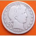 ESTADOS UNIDOS 1/2 DOLAR 1908 P BARBER MONEDA DE PLATA @RARA@ USA Half Dollar silver R/2