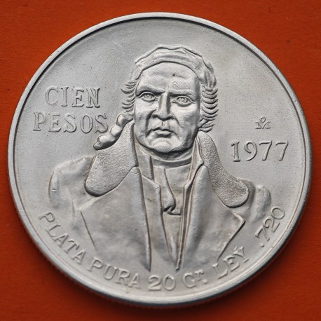 MEXICO 100 PESOS 1977 JOSE MORELOS KM.483.2 MONEDA DE PLATA SC + IMPERFECCIONES Mejico silver coin R/2