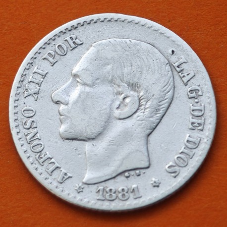 ESPAÑA Rey ALFONSO XII 50 CENTIMOS 1881 * 8/1 MSM REY y ESCUDO KM.685 MONEDA DE PLATA MBC+ R/3