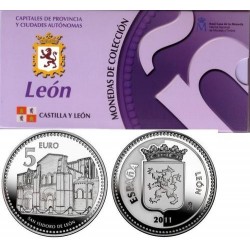 ESPAÑA 5 EUROS 2011 Ciudad de LEÓN nº 32 COLEGIATA DE SAN ISIDORO MONEDA DE PLATA ESTUCHE FNMT y CÁPSULA