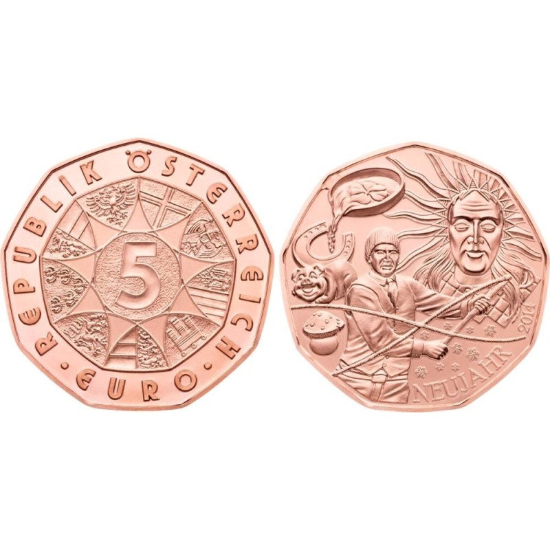 AUSTRIA 5 EUROS 2014 NAVIDAD y AÑO NUEVO MONEDA DE COBRE SC Österreich euro coin NEUJAHR