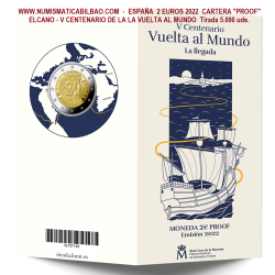 . 1 moneda PROOF @EMISION AGOTADA@ x ESPAÑA CARTERA FNMT 2 EUROS 2022 ELCANO V CENTENARIO DE LA VUELTA AL MUNDO CONMEMORATIVA