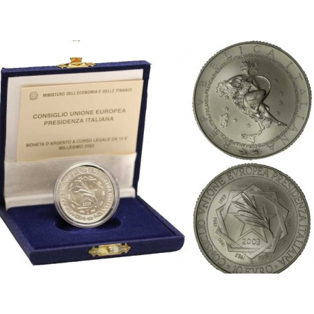 @ESTUCHE@ ITALIA 10 EUROS 2003 DAMA PRESIDENCIA DE UNIÓN EUROPEA KM.259 MONEDA DE PLATA SC 0,65 ONZAS