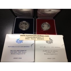 SAN MARINO 5 EUROS 2005 + 10 EUROS 2005 OLIMPIADA DE INVIERNO TURIN + MILIZIA SOLDADO x2 MONEDAS PLATA PROOF ESTUCHE