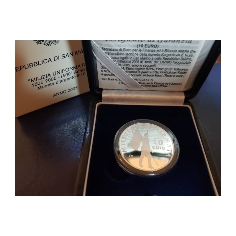 SAN MARINO 5 EUROS 2005 + 10 EUROS 2005 OLIMPIADA DE INVIERNO TURIN + MILIZIA SOLDADO x2 MONEDAS PLATA PROOF ESTUCHE