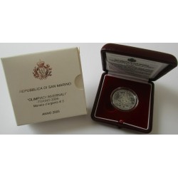 SAN MARINO 5 EUROS 2005 + 10 EUROS 2005 OLIMPIADA DE INVIERNO TURIN + MILIZIA SOLDADO x2 MONEDAS PLATA PROOF ESTUCHE