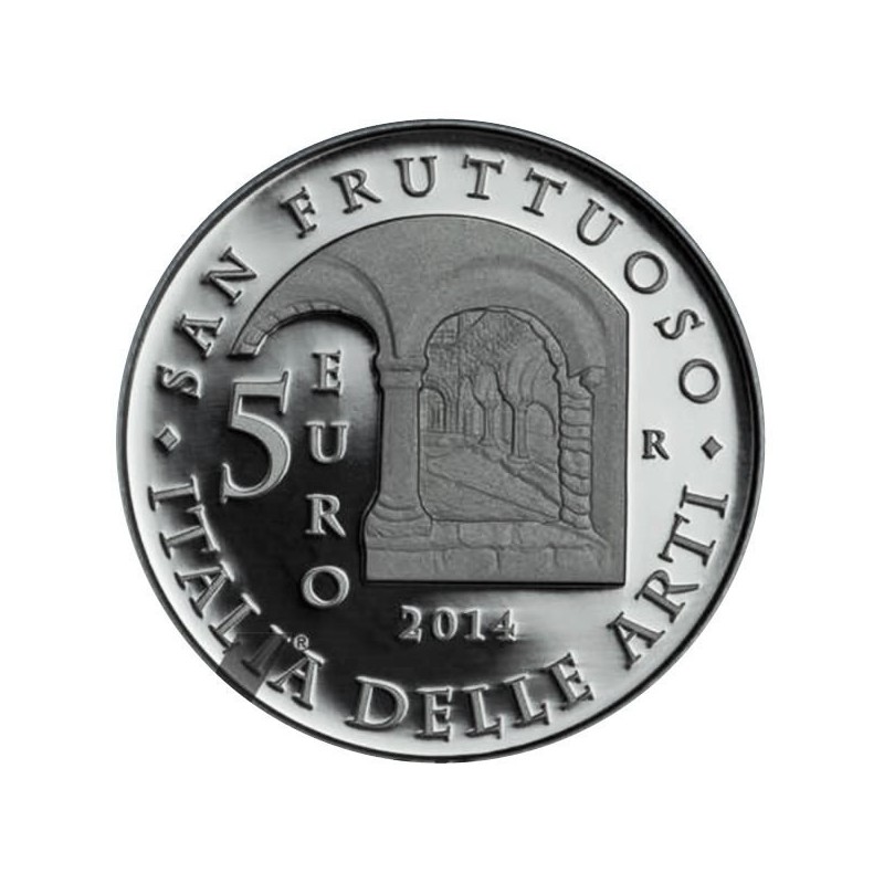 ITALIA 5 EUROS 2014 ABADIA DE SAN FRUTTUOSO KM.373 MONEDA DE PLATA PROOF ESTUCHE y CERTIFICADO