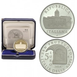 ITALIA 5 EUROS 2014 ABADIA DE SAN FRUTTUOSO KM.373 MONEDA DE PLATA PROOF ESTUCHE y CERTIFICADO