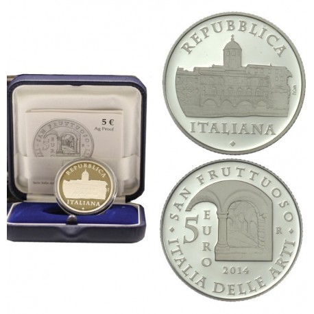 ITALIA 5 EUROS 2014 ABADIA DE SAN FRUTTUOSO KM.373 MONEDA DE PLATA PROOF ESTUCHE y CERTIFICADO