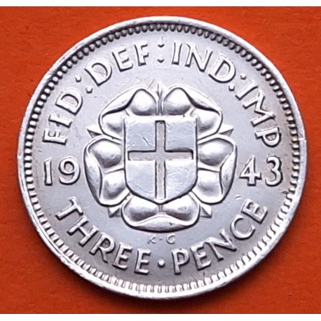 INGLATERRA 3 PENIQUES 1943 KING GEORGIUS VI KM.848 MONEDA DE PLATA MBC++ UK 3 Pence silver
