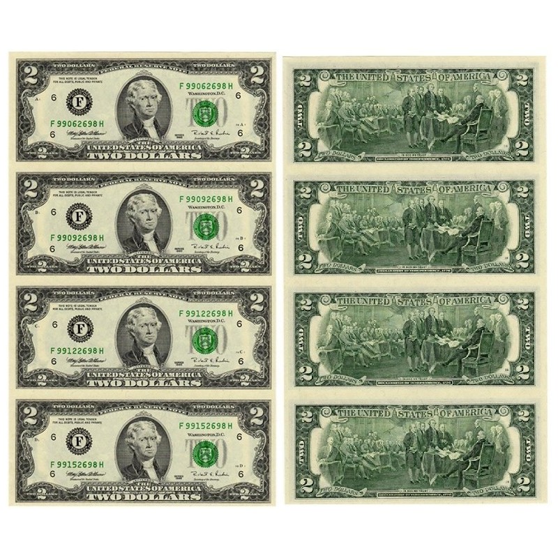 . 4 BILLETES SIN CORTAR x ESTADOS UNIDOS 2 DOLARES 1995 ATLANTA Letra F SC $2 Dollar Bill Uncut Sheet