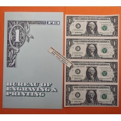 . 4 BILLETES SIN CORTAR x ESTADOS UNIDOS 1 DOLAR 1999 BUREAU OF ENGRAVING & PRINTING Letra F SC $1 Dollar uncut sheet