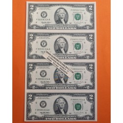 . 4 BILLETES SIN CORTAR x ESTADOS UNIDOS 2 DOLARES 1995 JEFFERSON ATLANTA Letra F SC $2 Dollar Bill Uncut Sheet