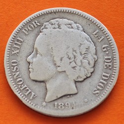 @RARA@ ESPAÑA Rey ALFONSO XIII 2 PESETAS 1894 * -- -- PGV Tipo "RIZOS" MONEDA DE PLATA KM.704 MUY CIRCULADA R/5
