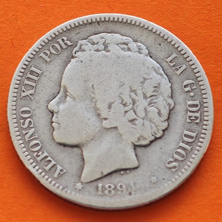 @RARA@ ESPAÑA Rey ALFONSO XIII 2 PESETAS 1894 * -- -- PGV Tipo "RIZOS" MONEDA DE PLATA KM.704 MUY CIRCULADA R/5