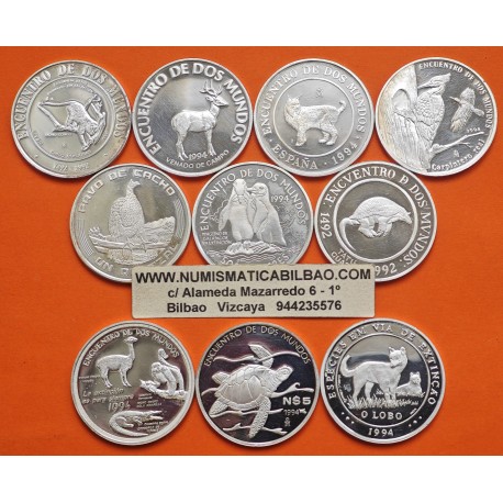 10 Monedas @LIMPIADAS@ ESPAÑA 1994 II SERIE IBEROAMERICANA 2ª ENCUENTRO ENTRE DOS MUNDOS PLATA ANIMALES EN EXTINCION