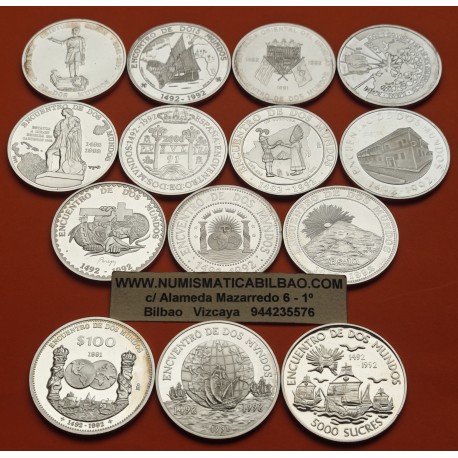 . 14 monedas @VER FOTOS@ ESPAÑA 1991/1992 I SERIE IBEROAMERICANA 1ª ENCUENTRO ENTRE DOS MUNDOS 11,24 ONZAS PLATA PURA