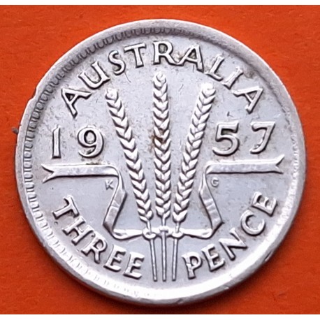 AUSTRALIA 3 PENIQUES 1957 Reina ISABEL II y ESCUDO KM.57 MONEDA DE PLATA MBC 3 Pence silver coin