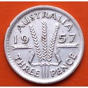 AUSTRALIA 3 PENIQUES 1957 Reina ISABEL II y ESCUDO KM.57 MONEDA DE PLATA MBC 3 Pence silver coin