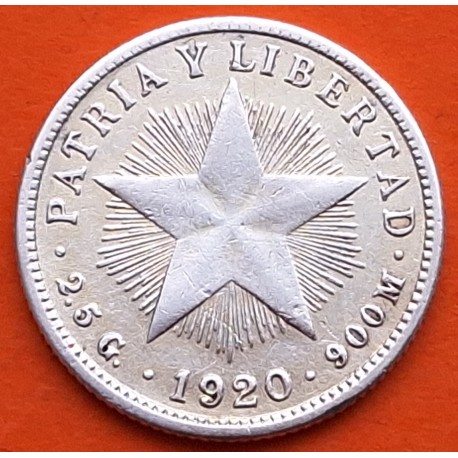 CUBA 10 CENTAVOS 1920 PATRIA y LIBERTAD ESTRELLA KM.A12 MONEDA DE PLATA MBC+ Caribe silver coin R/2