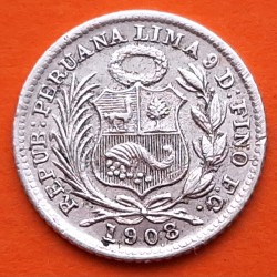 PERU 1/2 DINERO 1908 F.G. Ceca de Lima DAMA SENTADA KM.206.2 MONEDA DE PLATA MBC- República Peruana 1,25 grs 15mm