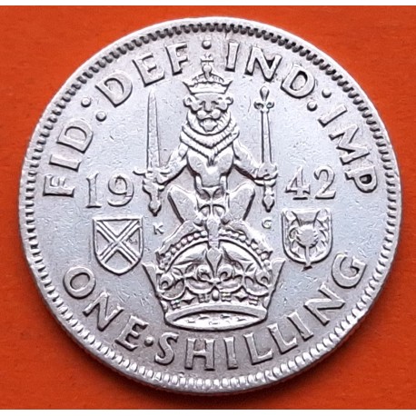 INGLATERRA 1 SHILLING 1942 JORGE VI y LEON SOBRE CORONA TIPO ESCOCIA KM.854 MONEDA DE PLATA MBC UK silver WWII