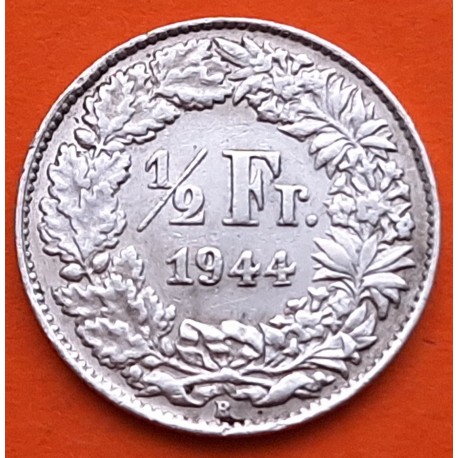 SUIZA 1/2 FRANCO 1944 B DAMA CON LANZA KM.23 PLATA MBC+ Switzerland silver WWII OCUPACIÓN NAZI