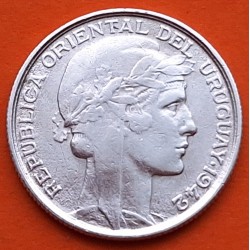 URUGUAY 20 CENTIMOS 1942 DAMA ALEGÓRICA y RAMO DE ESPIGAS PLATA MBC+ silver coin