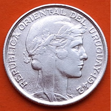 URUGUAY 20 CENTIMOS 1942 DAMA ALEGÓRICA y RAMO DE ESPIGAS PLATA MBC+ silver coin