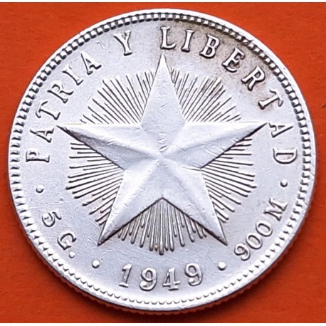 CUBA 20 CENTAVOS 1949 PATRIA y LIBERTAD ESTRELLA KM.13.2 MONEDA DE PLATA MBC + SOMBRA Caribe Havana SILVER PESO