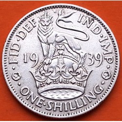 INGLATERRA 1 SHILLING 1939 JORGE VI y LEON SOBRE CORONA diseño INGLES KM.853 MONEDA DE PLATA MBC++ UK silver WWII
