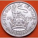 INGLATERRA 1 SHILLING 1939 JORGE VI y LEON SOBRE CORONA diseño INGLES KM.853 MONEDA DE PLATA MBC++ UK silver WWII