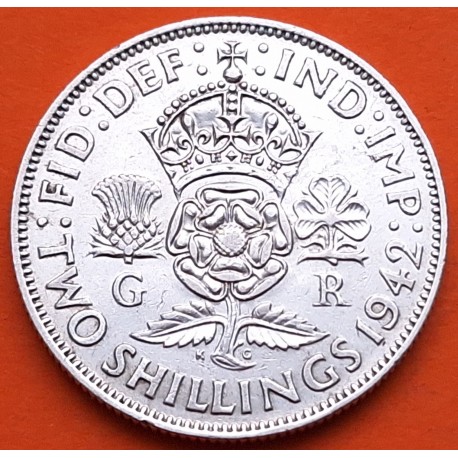 INGLATERRA 2 SHILLINGS 1942 JORGE VI y FLORES KM.855 MONEDA DE PLATA MBC+ Great Britain United Kingdom WWII