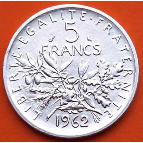 FRANCIA 5 FRANCOS 1962 SEMBRADORA SEMEUSE KM.926 MONEDA DE PLATA EBC/SC France 5 Francs silver 0,32 ONZAS R/3