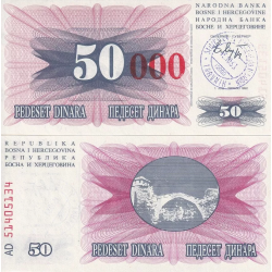 BOSNIA 50000 DINARA 1993.12.24 sobre impresión TINTA ROJA sobre 50 DINARA 1992 TRAVNIK Pick 55.B BILLETE SC UNC BANKNOTE