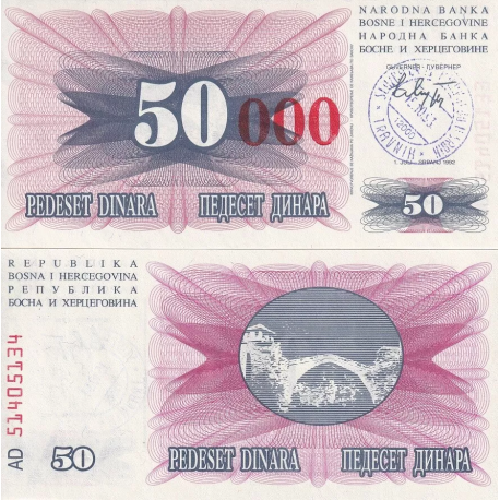 BOSNIA 50000 DINARA 1993.12.24 sobre impresión TINTA ROJA sobre 50 DINARA 1992 TRAVNIK Pick 55.B BILLETE SC UNC BANKNOTE