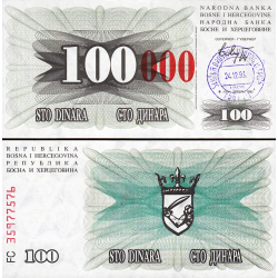 BOSNIA 100000 DINARA 1993.12.24 sobre impresión TINTA ROJA sobre 100 DINARA 1992 TRAVNIK Pick 56.D BILLETE SC UNC BANKNOTE