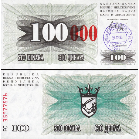 BOSNIA 100000 DINARA 1993.12.24 sobre impresión TINTA ROJA sobre 100 DINARA 1992 TRAVNIK Pick 56.D BILLETE SC UNC BANKNOTE