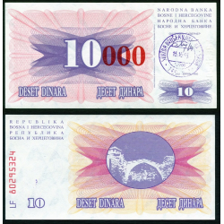 BOSNIA 10000 DINARA 1993.12.24 sobre impresión TINTA ROJA sobre 10 DINARA 1992 TRAVNIK Pick 53.B BILLETE SC UNC BANKNOTE