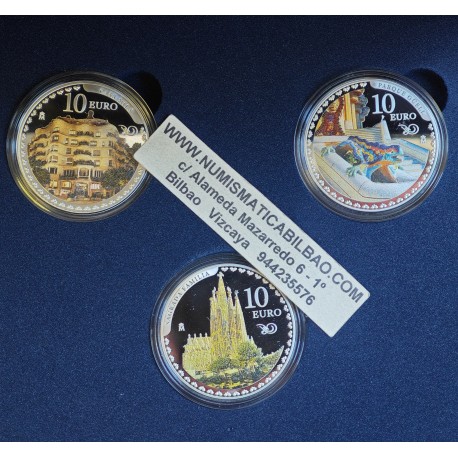 . @ESTUCHE FNMT con 3 MONEDAS@ ESPAÑA 10 EUROS 2026 PARQUE GUELL + CASA MILA + SAGRADA FAMILIA Antonio Gaudí