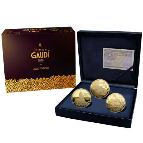 . @ESTUCHE FNMT con 3 MONEDAS de ORO@ ESPAÑA 100 EUROS 2026 PARQUE GUELL + CASA MILA + SAGRADA FAMILIA Antonio Gaudí