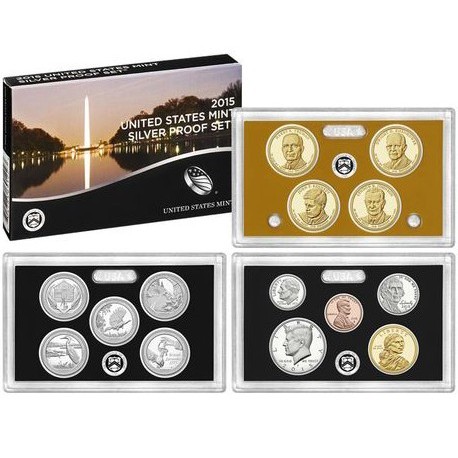 2015 UNITED STATES MINT SILVER PROOF SET @PLATA@ 14 COINS ESTADOS UNIDOS 1+5+10+10+25 CENTAVOS + 1/2 DOLAR 2015 + 1 DOLAR 2015