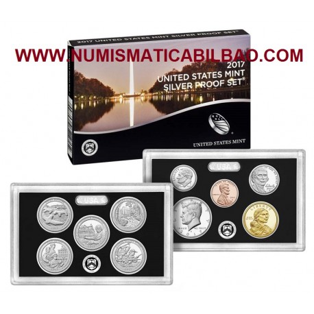 2017 UNITED STATES MINT SILVER PROOF SET @PLATA@ 10 COINS ESTADOS UNIDOS 1+5+10+10+25 CENTAVOS + 1/2 DOLAR 2017 + 1 DOLAR 2017