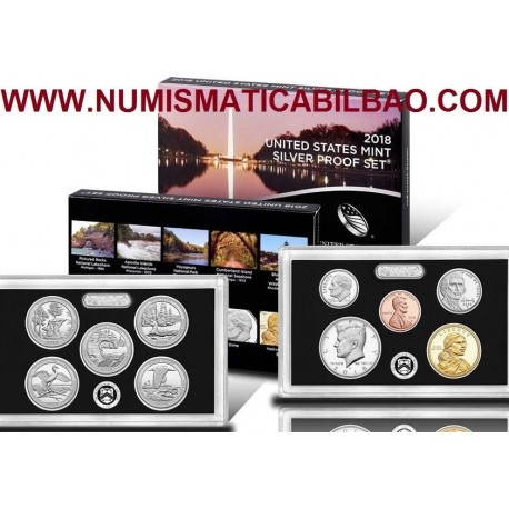 2018 UNITED STATES MINT SILVER PROOF SET @PLATA@ 10 COINS ESTADOS UNIDOS 1+5+10+10+25 CENTAVOS + 1/2 DOLAR + 1 DOLAR 2018
