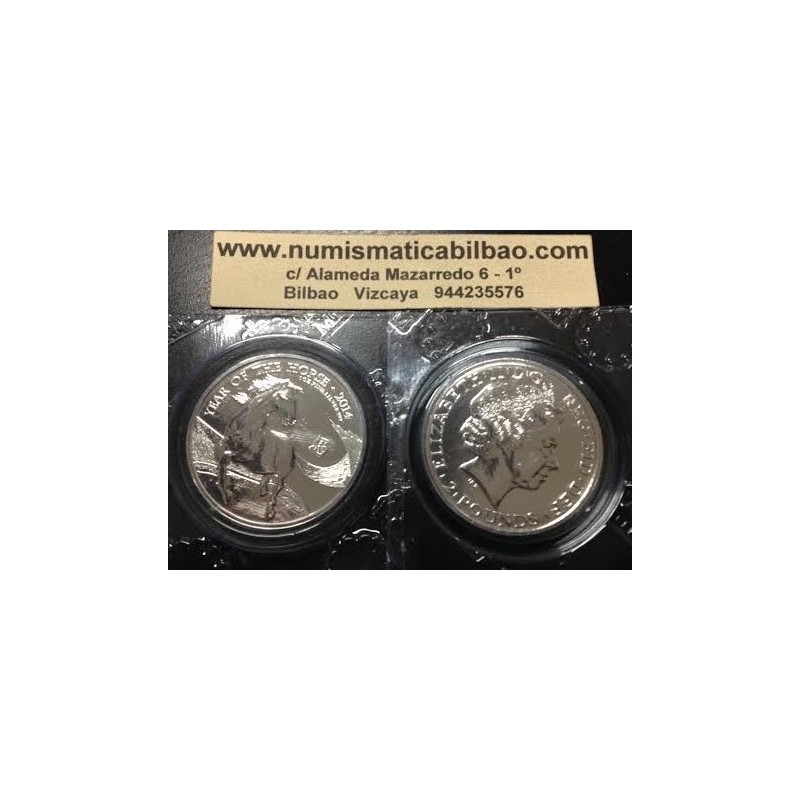 INGLATERRA 2 LIBRAS 2014 AÑO LUNAR DEL CABALLO MONEDA DE PLATA PURA 2 Pounds Silver 1 ONZA OZ OUNCE Year of the Horse