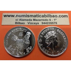 INGLATERRA 2 LIBRAS 2017 AÑO LUNAR DEL GALLO MONEDA DE PLATA PURA 2 Pounds Silver 1 ONZA OZ OUNCE Year of the Rooster