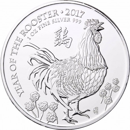 INGLATERRA 2 LIBRAS 2017 AÑO LUNAR DEL GALLO MONEDA DE PLATA PURA 2 Pounds Silver 1 ONZA OZ OUNCE Year of the Rooster
