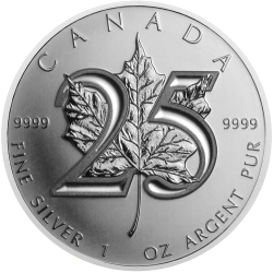 @Edición 25 ANIVERSARIO@ CANADA 5 DOLARES 2013 HOJA DE ARCE MONEDA DE PLATA PURA Oz MAPLE LEAF 1 ONZA