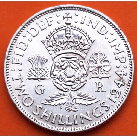 INGLATERRA 2 SHILLINGS 1944 JORGE VI y FLORES KM.855 MONEDA DE PLATA MBC + MUESCAS Great Britain United Kingdom WWII